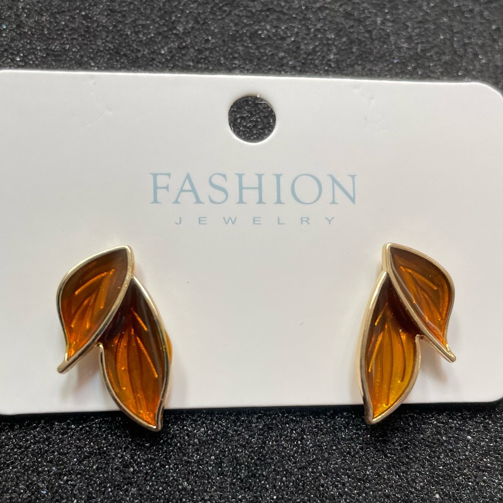 Gold Colored Brown Leaves Stud  Earrings
